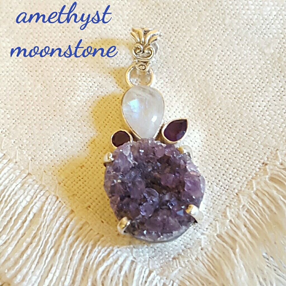 Amethyst Druzy Moonstone Pendant Sterling